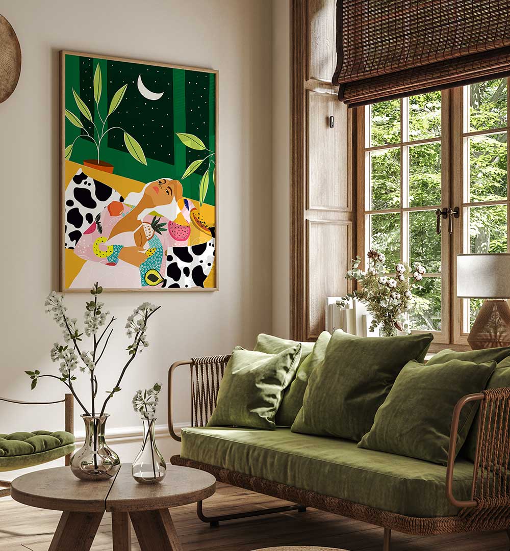 WOMAN RELAXING UNDER A CRESCENT MOON , FASHION POSTERS