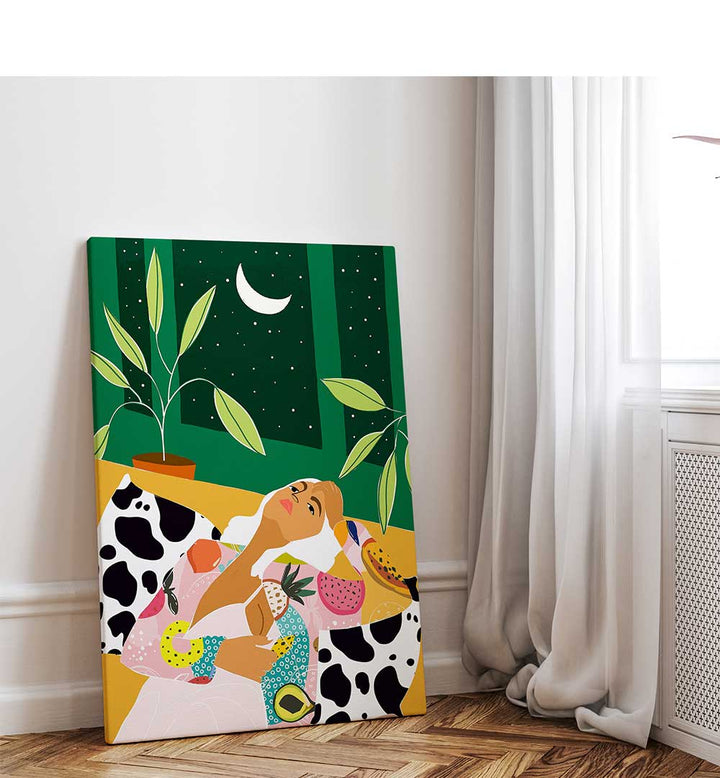 WOMAN RELAXING UNDER A CRESCENT MOON , FASHION POSTERS