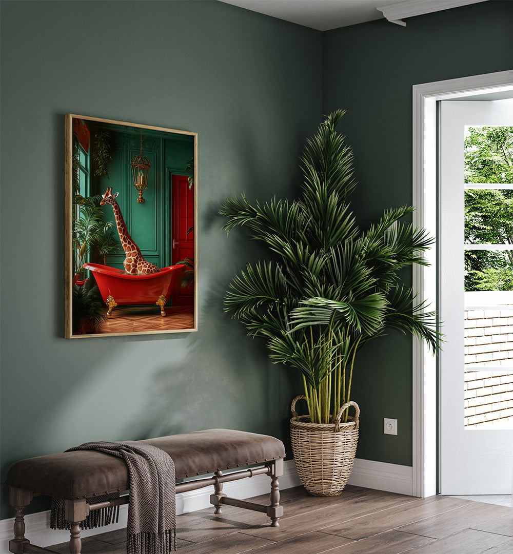 GIRAFFE IN THE BATHTUB TROPICAL ANIMALS , BATHROOM ART PRINTS