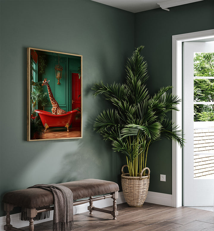 GIRAFFE IN THE BATHTUB TROPICAL ANIMALS , BATHROOM ART PRINTS