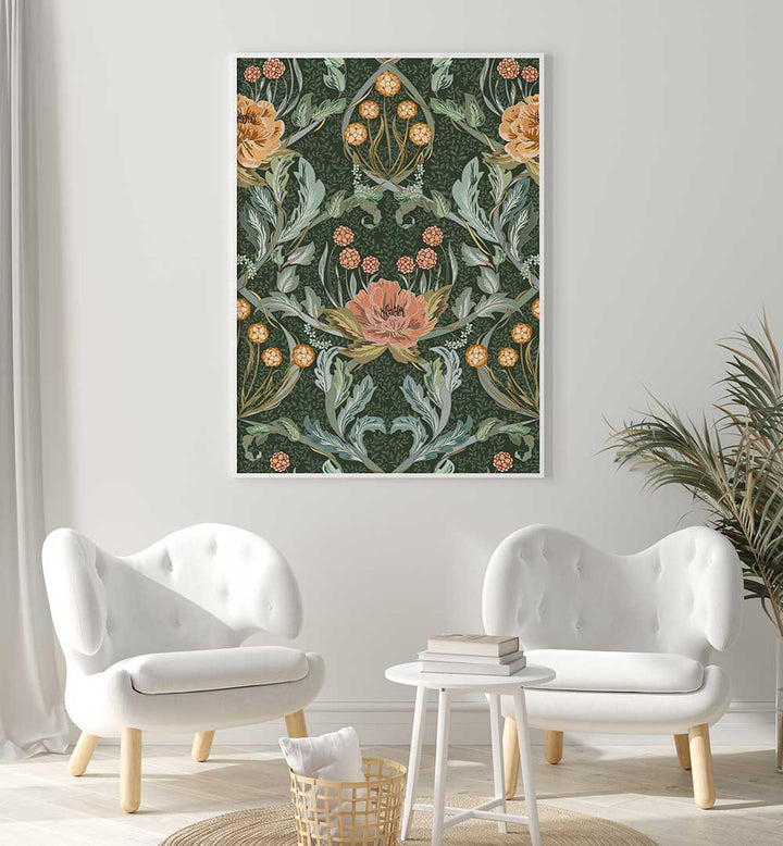 Elegant GOLDEN FOREST PATTERN, PATTERN ART PRINTS adorns a stylish living space, capturing nature's essence beautifully.