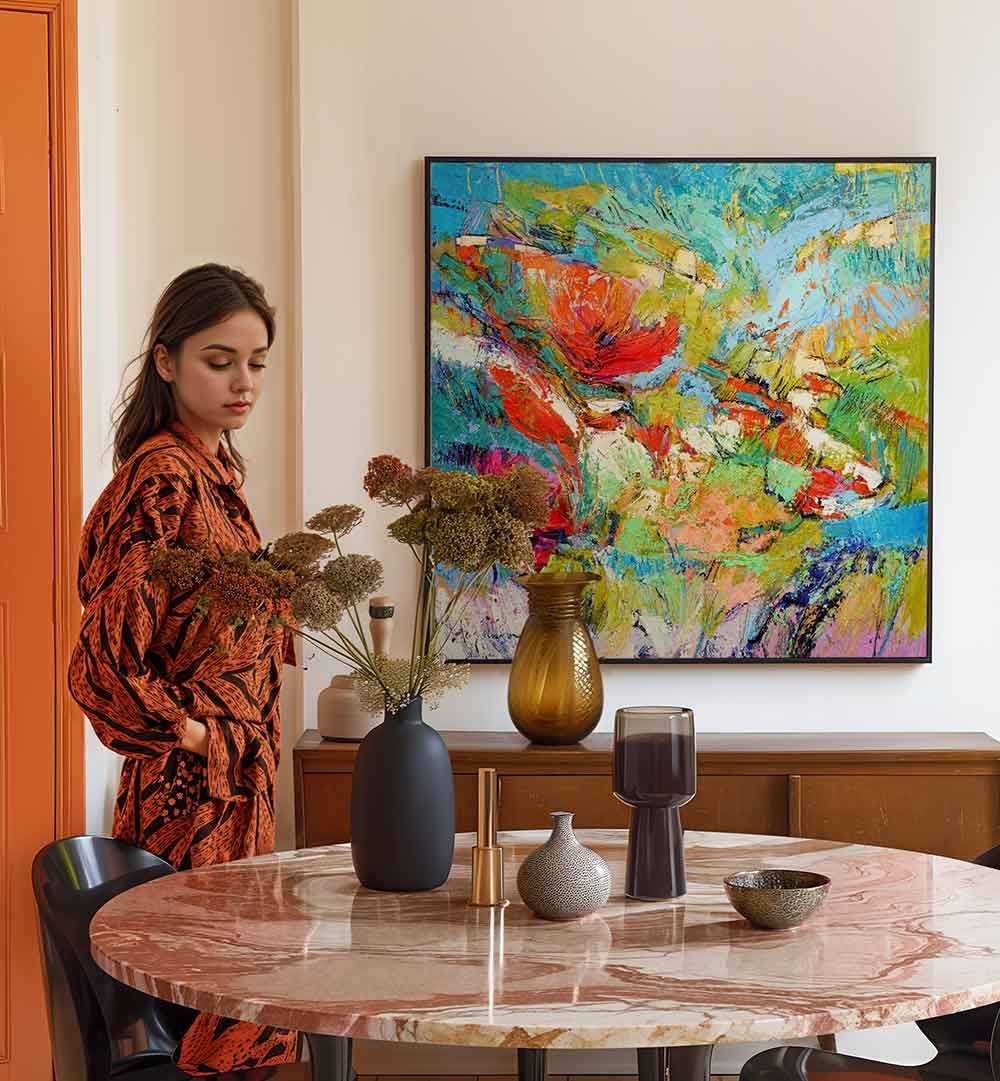 FLORAL HARMONY BURST , ABSTRACT PAINTINGS above sideboard with vases, marble table and woman styling decor