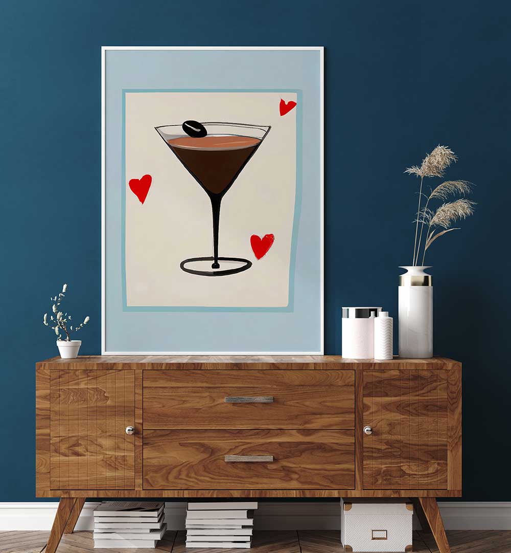 ESPRESSO MARTINI BABY , BAR artwork with a modern espresso martini design and red hearts above wooden sideboard decor