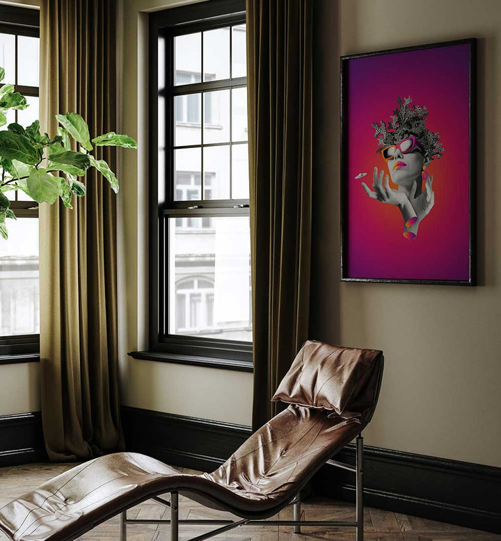 Surreal art print "LADY ON PINK" featuring a stylish woman in vibrant colors, perfect for modern decor.