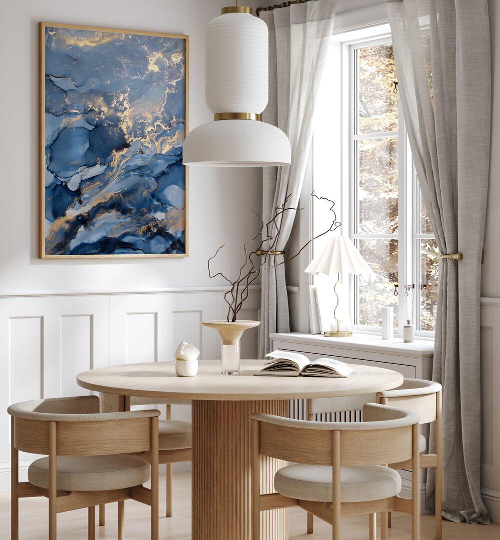 Elegant interior showcasing WAVES III, ABSTRACT PAINTINGS, enhancing the serene atmosphere of the dining space.