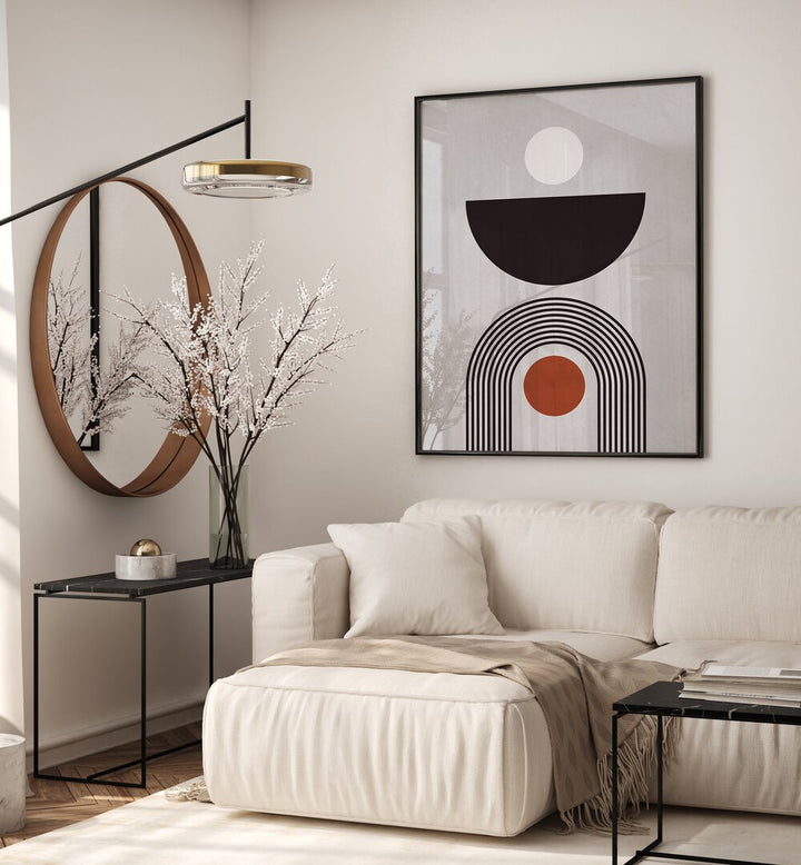 Stylish living room featuring LINES AND CIRCLES XV, BOHO ART PAINTINGS, enhancing modern decor with geometric elegance.