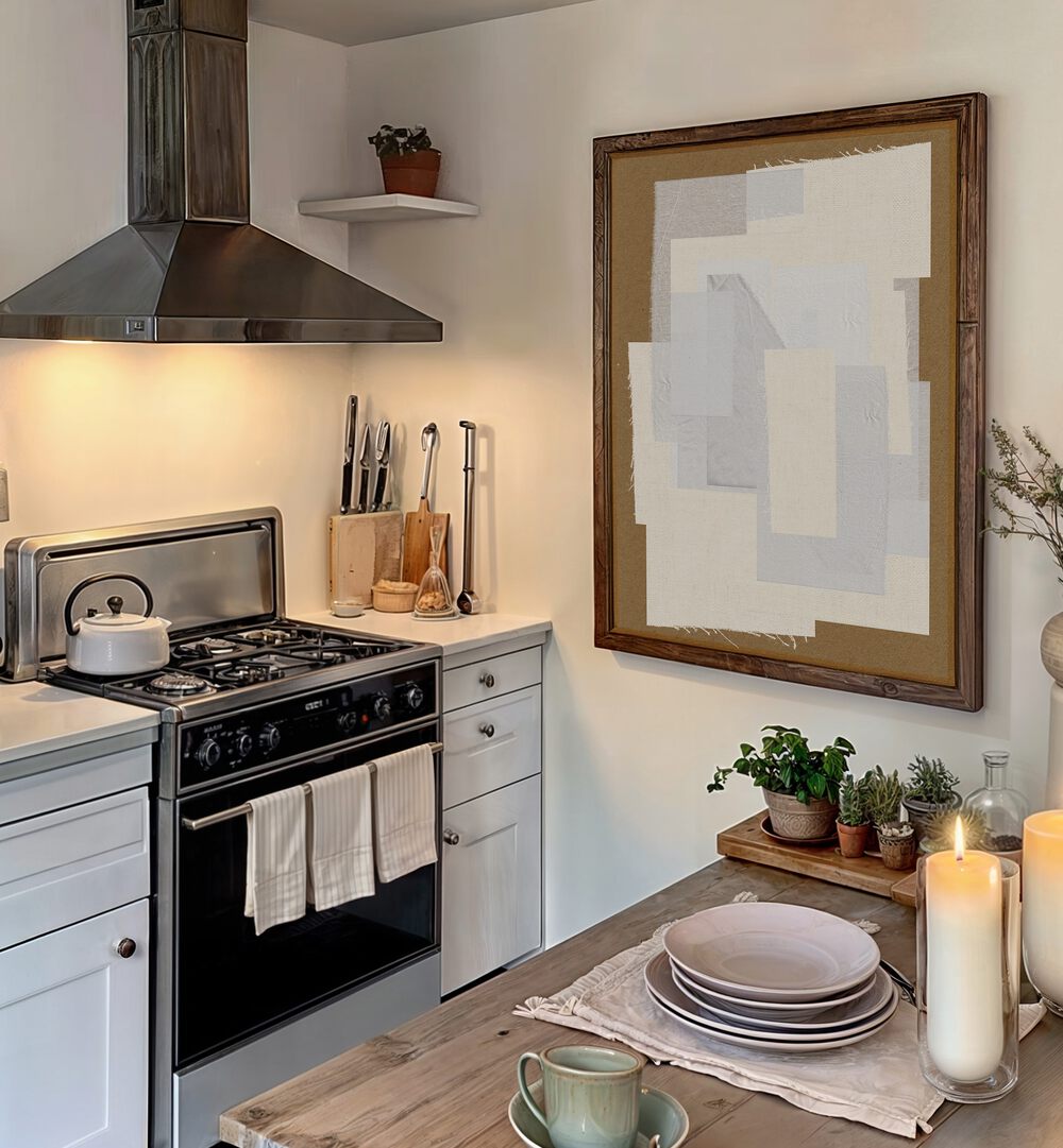 Stylish kitchen featuring FABRIC PATTERN COLLAGE NO.VI, ABSTRACT PAINTINGS, enhancing modern aesthetics and vibrancy.