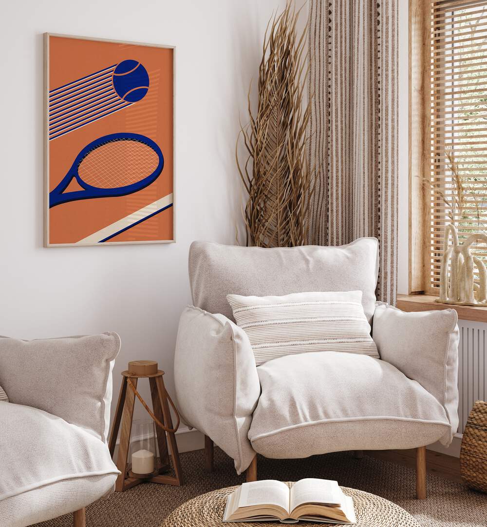 Vibrant TENNIS 80'S , SPORTS POSTERS decorates a cozy living space, perfect for tennis enthusiasts and retro lovers.
