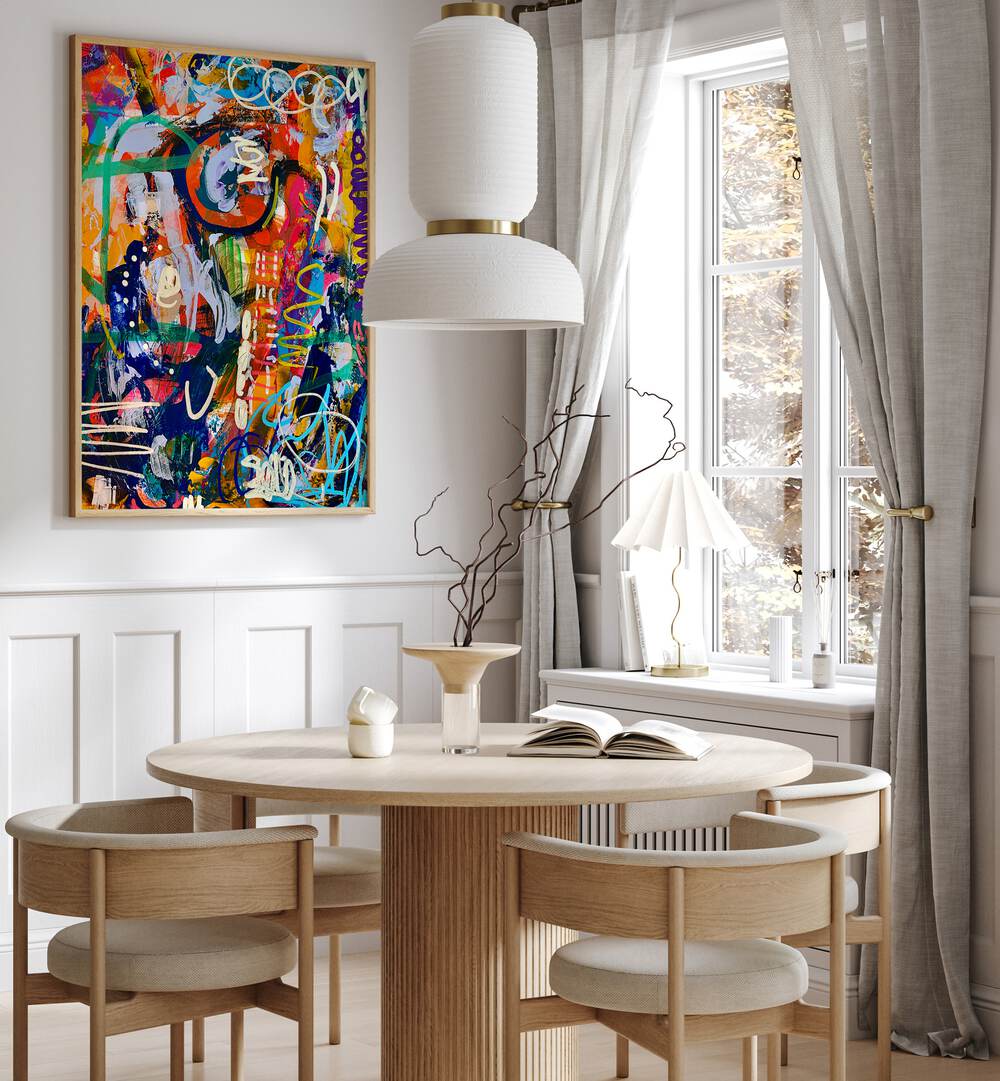 Vibrant STREET BEAT, ABSTRACT PAINTINGS enliven a modern room, showcasing urban energy and dynamic artistry.