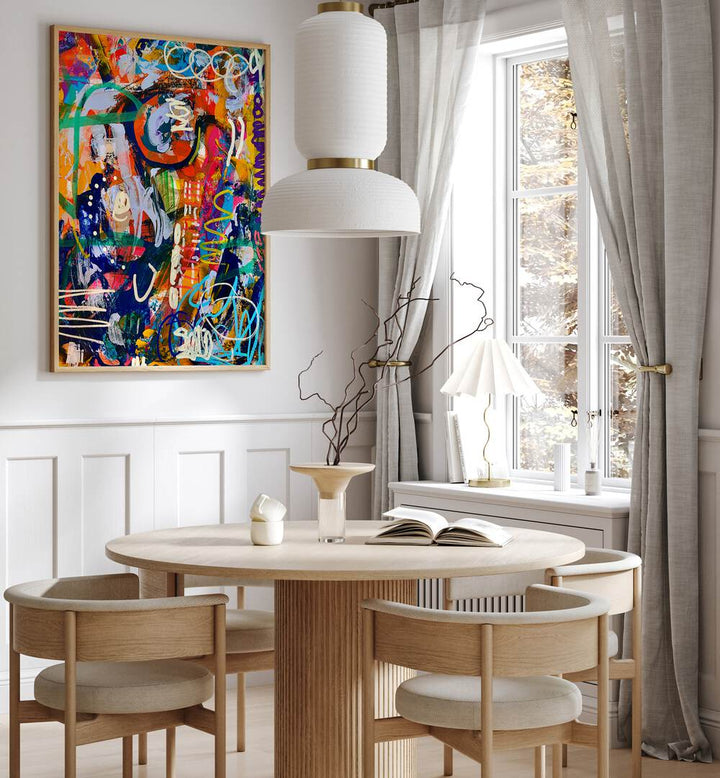 Vibrant STREET BEAT, ABSTRACT PAINTINGS enliven a modern room, showcasing urban energy and dynamic artistry.