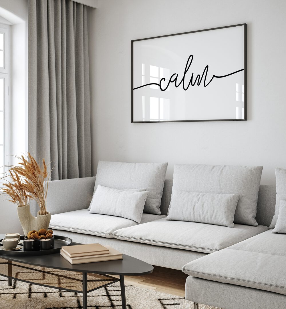 Stylish CALM, QUOTES poster enhancing relaxation in a serene living room setting for stress relief and tranquility.