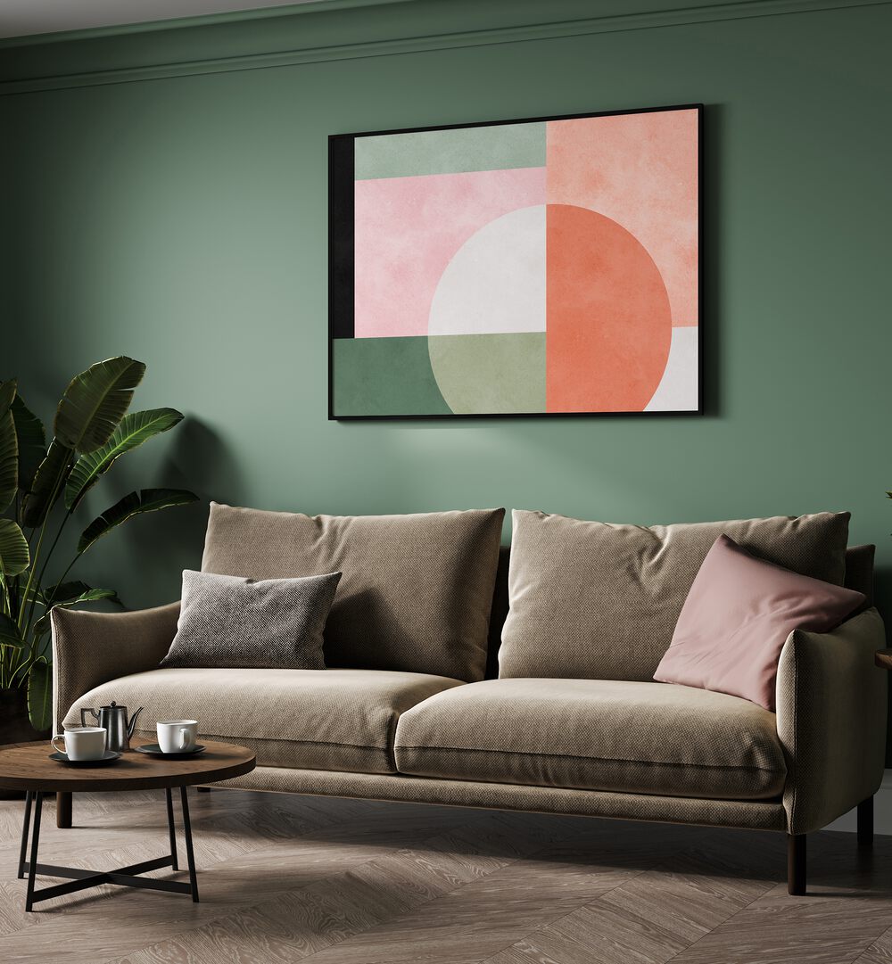 Elevate your space with HARMONY 3, GEOMETRIC ART PRINTS, showcasing modern design in a stylish living room.