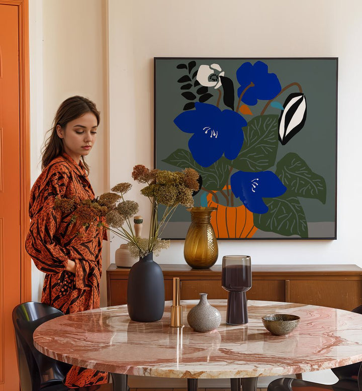 Vibrant COBALT BOTANIC floral flower paintings enhance modern decor, adding beauty to any living space or office.