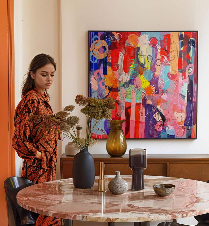Brighten your space with FALLING RISING, ABSTRACT PAINTINGS, showcasing vibrant colors and modern artistry.