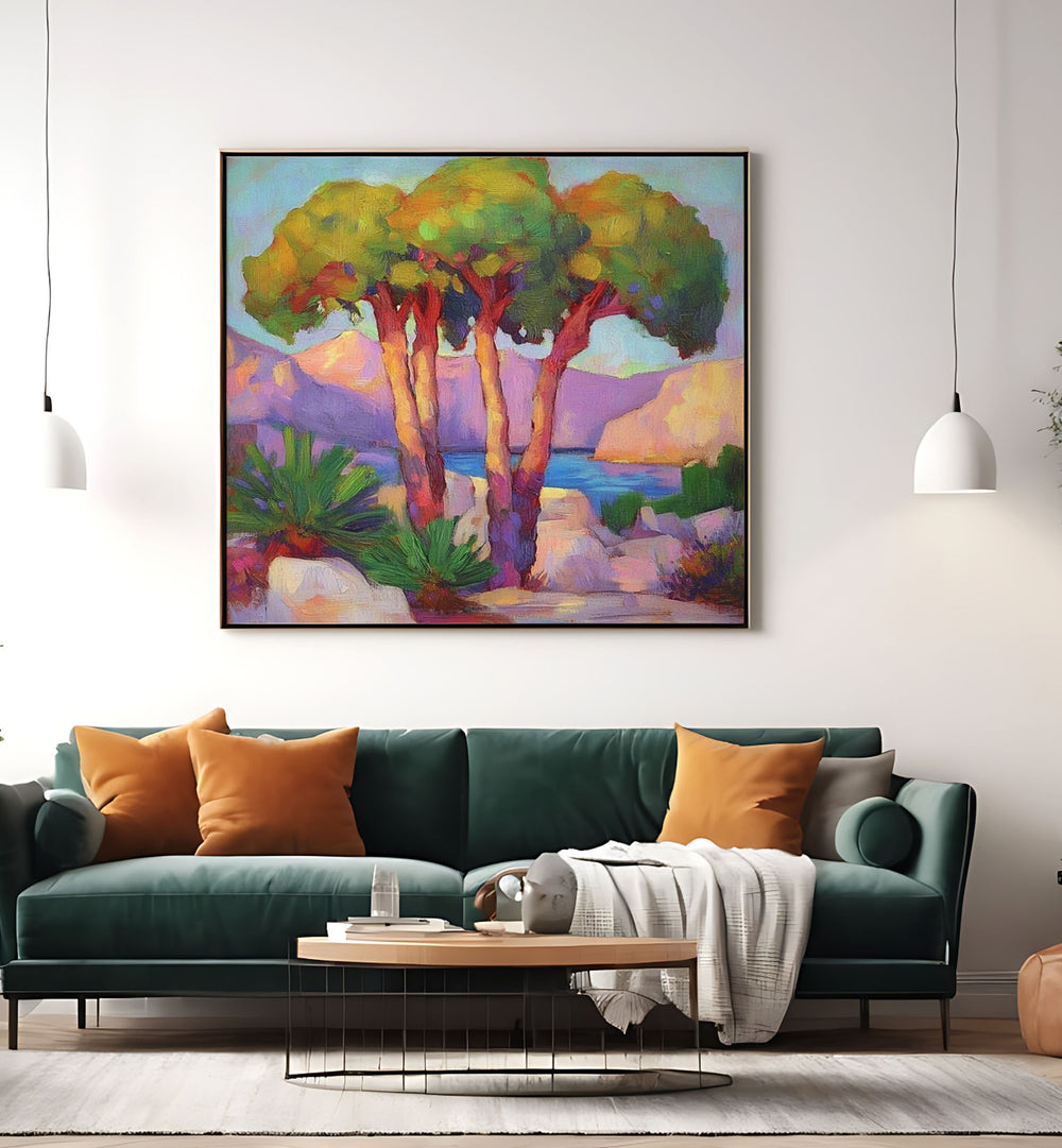 Three Trees by the Sea artwork adds serene coastal beauty to your living space, perfect for nature lovers.
