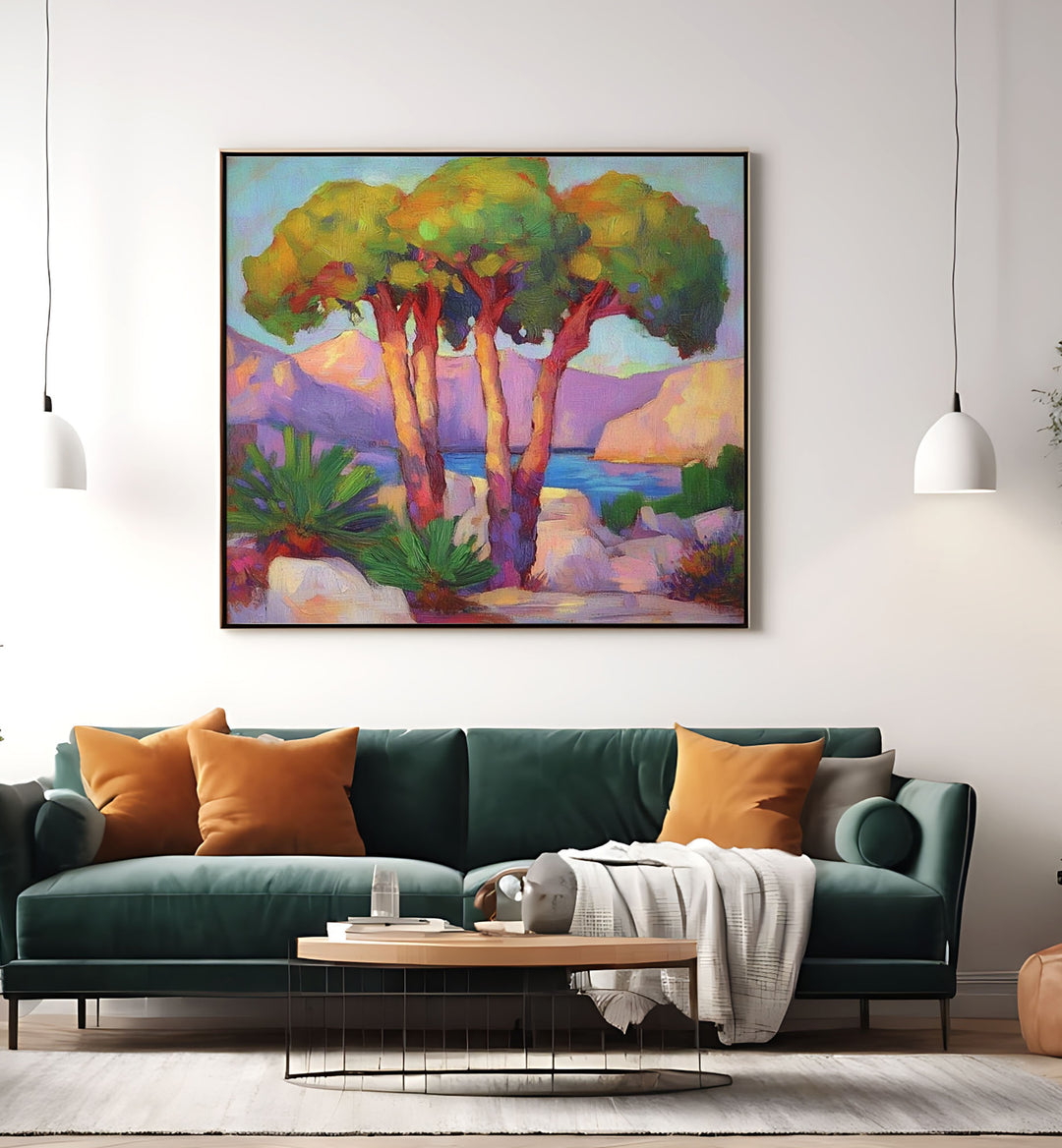 Three Trees by the Sea artwork adds serene coastal beauty to your living space, perfect for nature lovers.