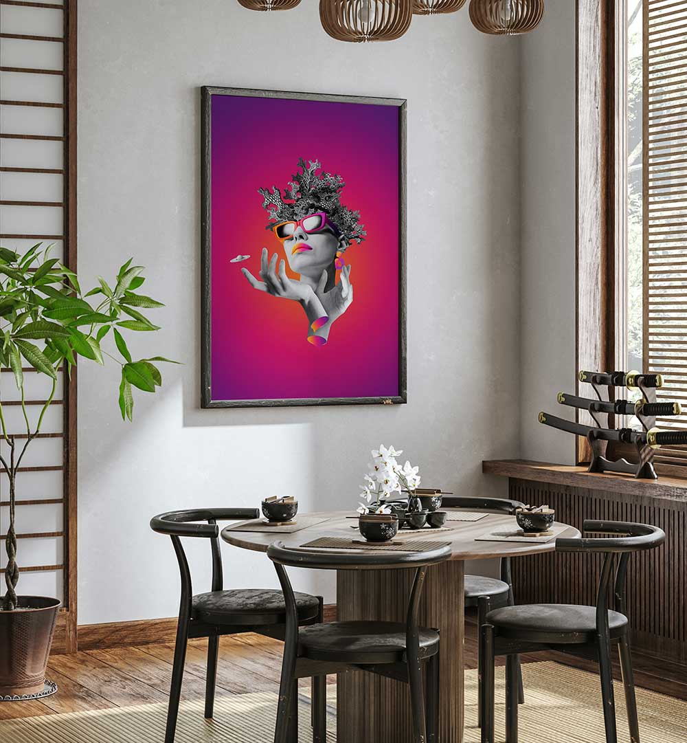 Surreal art print featuring a lady on pink background, perfect for modern decor. Shop LADY ON PINK, SURREAL ART PRINTS.
