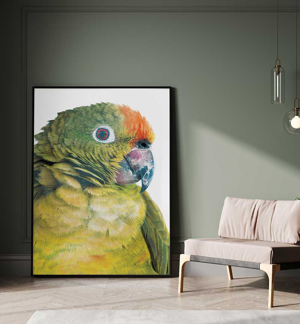 PARROT GLANCE , ANIMAL PAINTINGS framed green parrot portrait leaning in modern living room