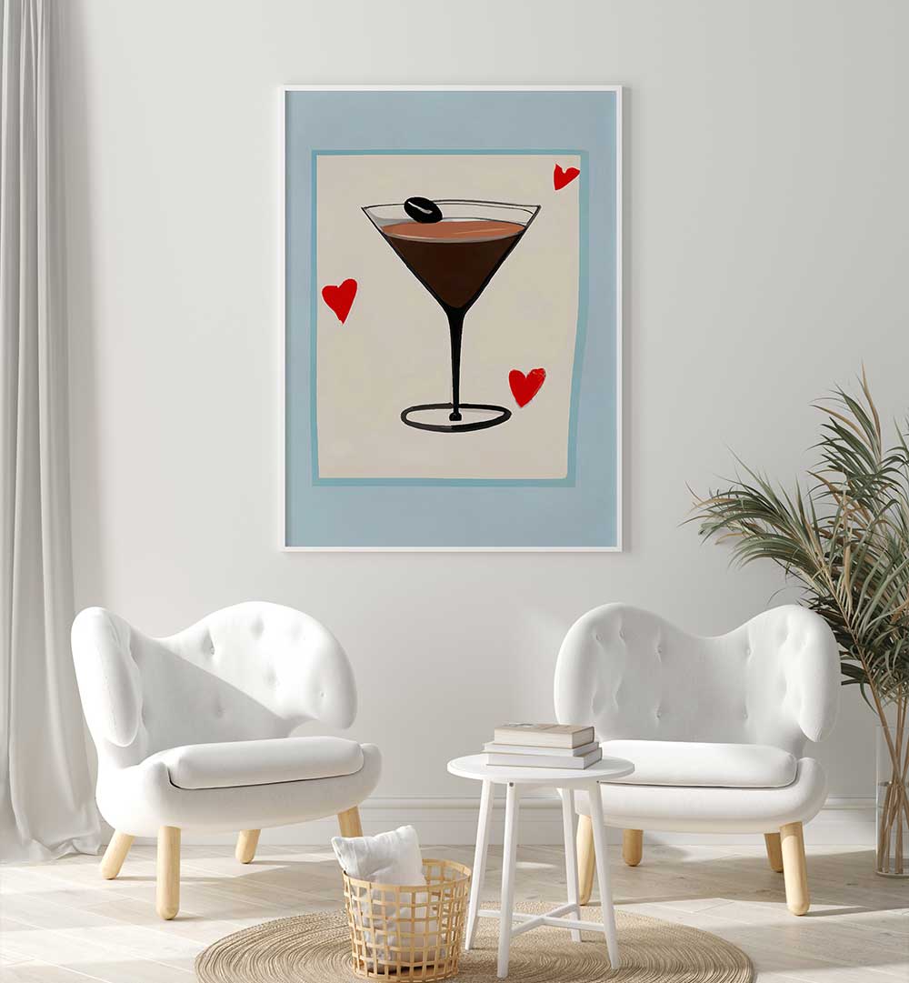 ESPRESSO MARTINI BABY , BAR artwork with modern espresso martini design and red hearts in a stylish living room setting.