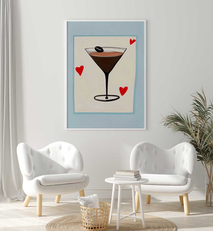 ESPRESSO MARTINI BABY , BAR artwork with modern espresso martini design and red hearts in a stylish living room setting.