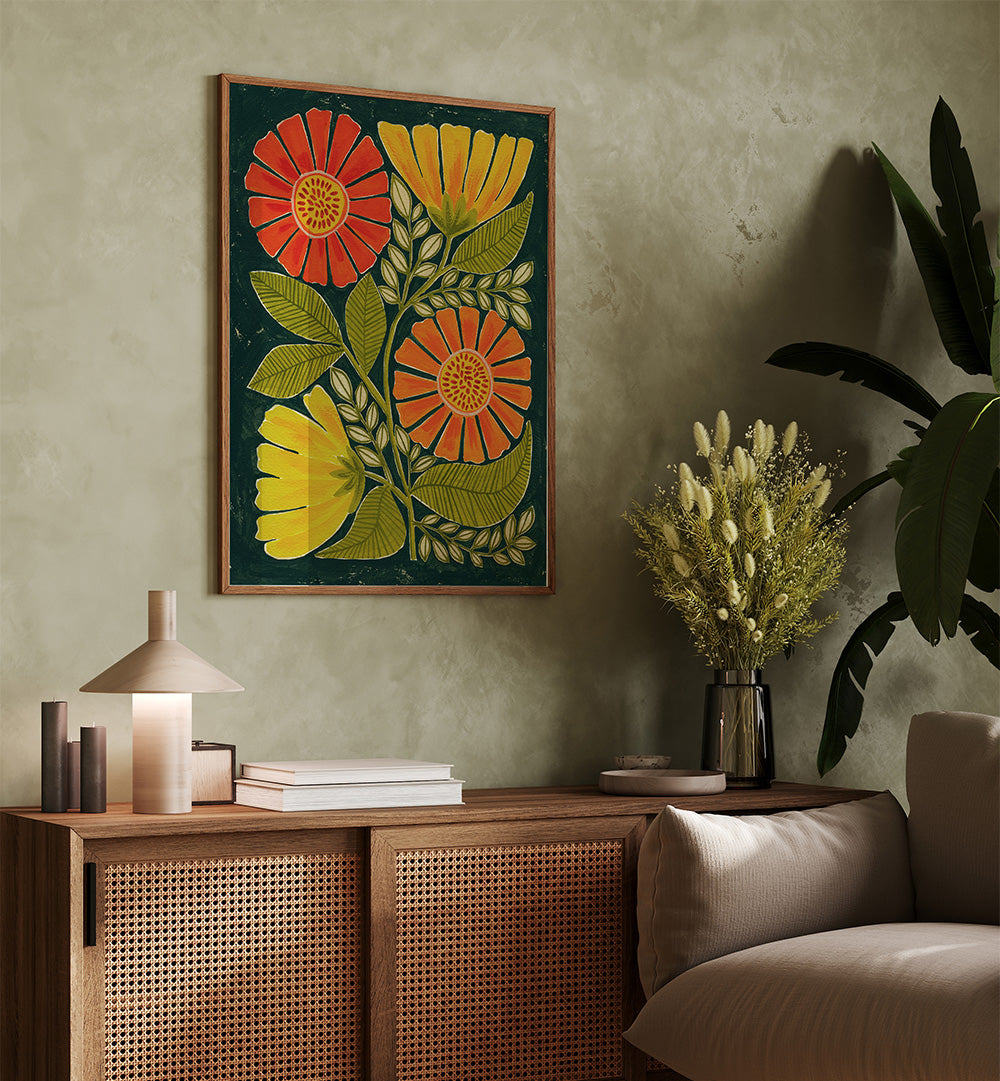 VIBRANT ORANGE AND YELLOW FLOWERS , FLORAL FLOWER PAINTINGS