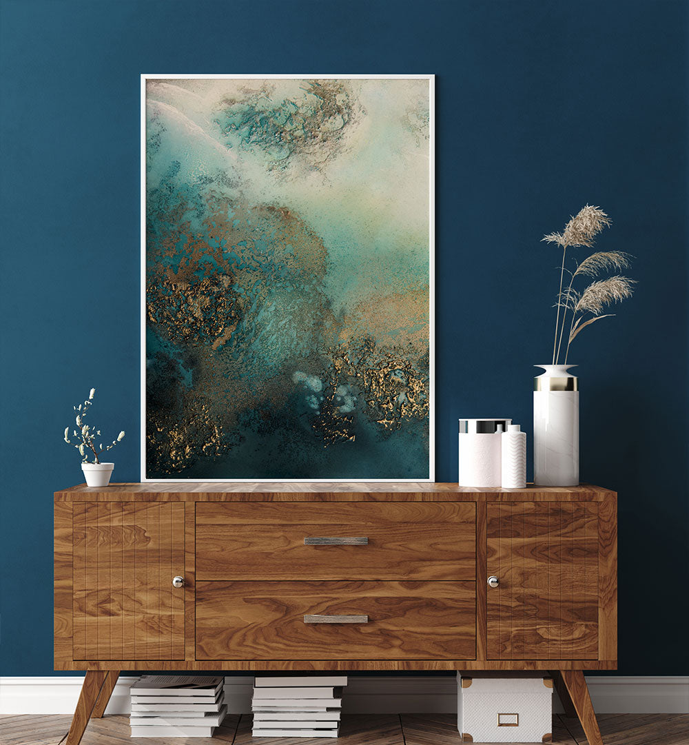 Vibrant ABSTRACT REEF SHIMMER, ABSTRACT PAINTINGS on a wall, enhancing modern decor with fluid colors and textures.