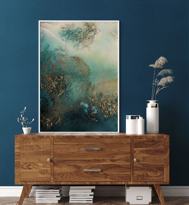 Vibrant ABSTRACT REEF SHIMMER, ABSTRACT PAINTINGS on a wall, enhancing modern decor with fluid colors and textures.