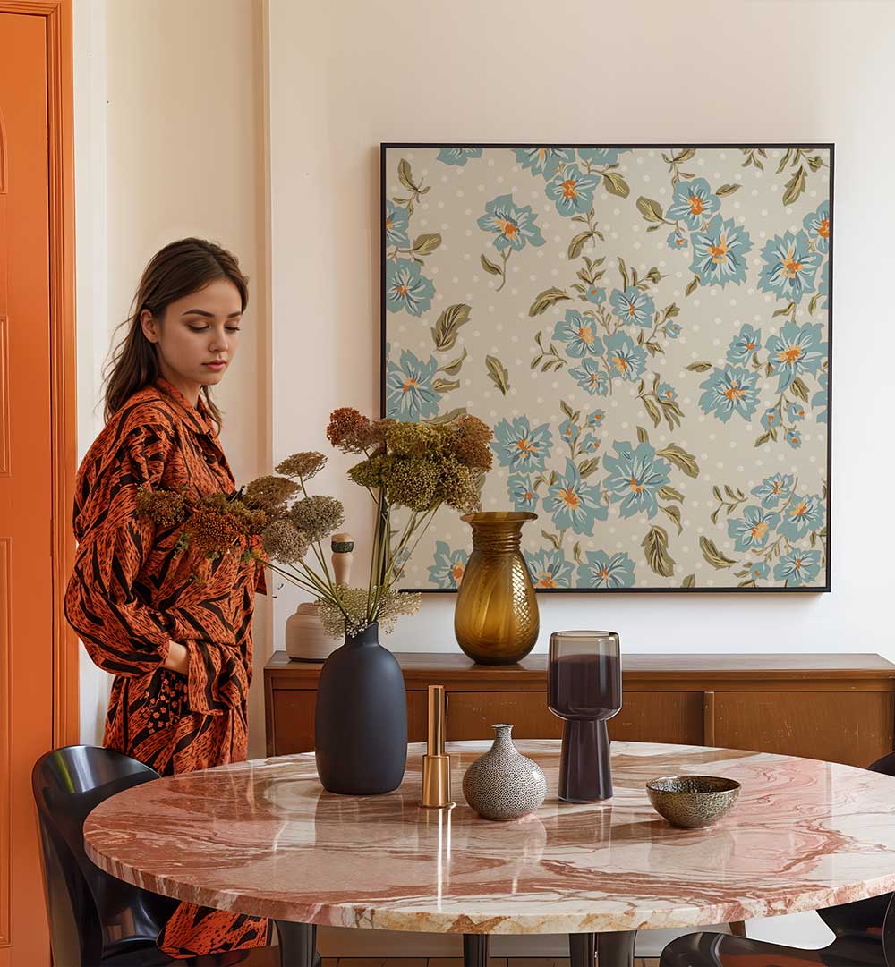 Stylish interior featuring FLORAL HERITAGE VII, PATTERN ART PRINTS, enhancing contemporary decor with traditional charm.