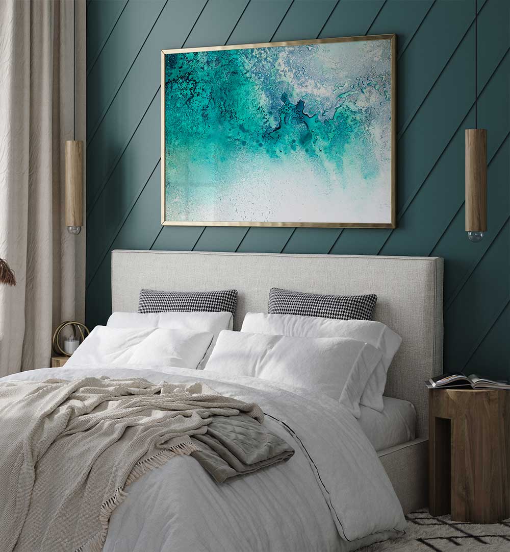 Elegant bedroom featuring TURQUOISE WHISPERING, ABSTRACT PAINTINGS, enhancing tranquility and creativity in decor.