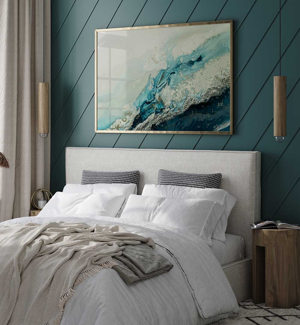 Vibrant WATERCOLOR DELIVRANCE, ABSTRACT PAINTINGS enhance a stylish bedroom, creating a captivating decor centerpiece.