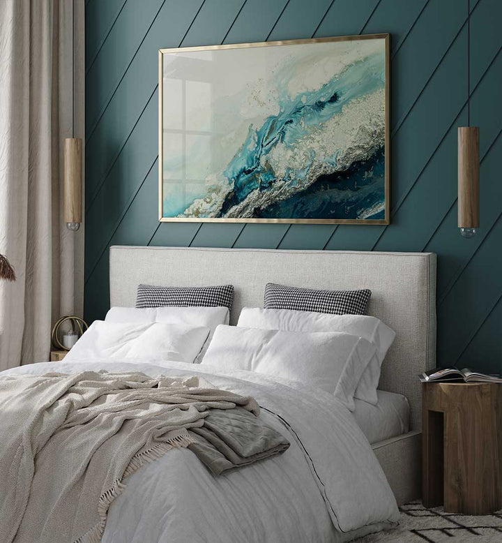 Vibrant WATERCOLOR DELIVRANCE, ABSTRACT PAINTINGS enhance a stylish bedroom, creating a captivating decor centerpiece.