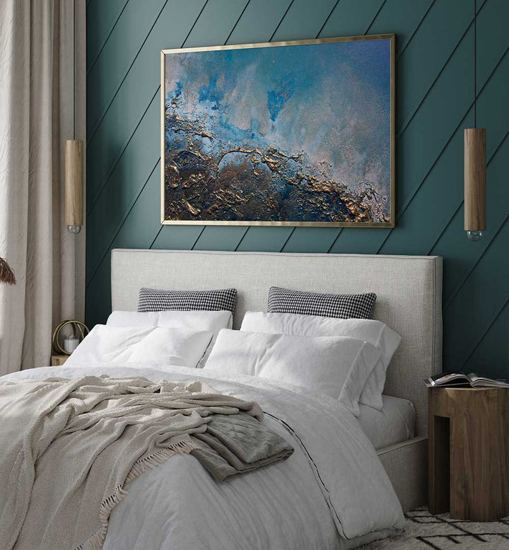 Stylish bedroom showcasing EARTH AND SEA TONES, ABSTRACT PAINTINGS above a cozy bed for a serene atmosphere.