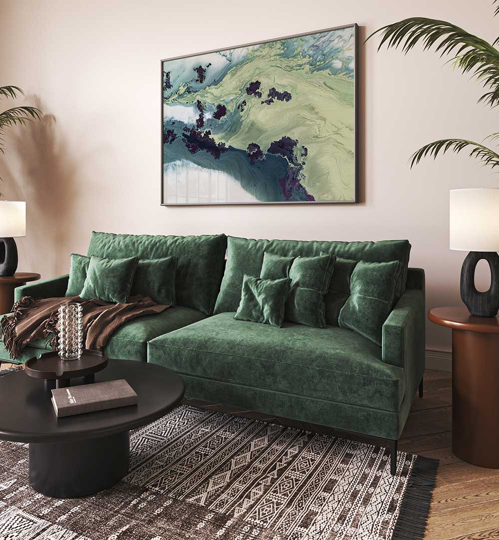 Transform your space with UNTOUCHED ESTUARIES, ABSTRACT PAINTINGS showcasing vibrant hues in a stylish living room setting.