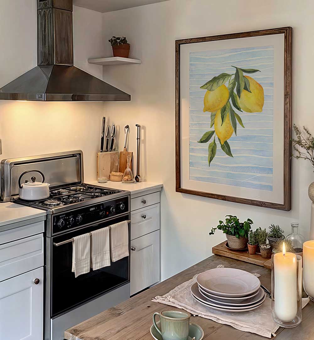 LEMONS ON STRIPES WATERCOLOR , KITCHEN POSTERS