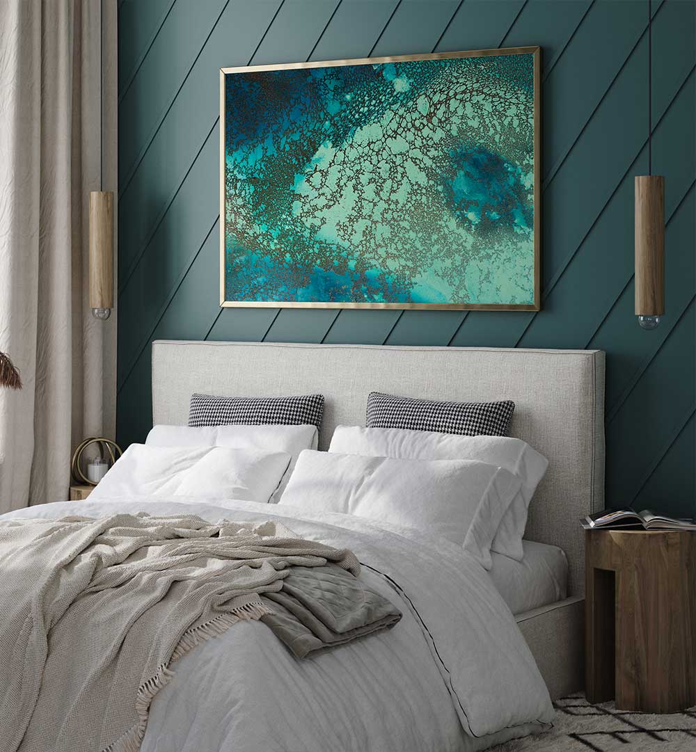 Vibrant INTRICATE RIDDLE , ABSTRACT PAINTINGS enhance modern bedroom decor with captivating elegance and style.