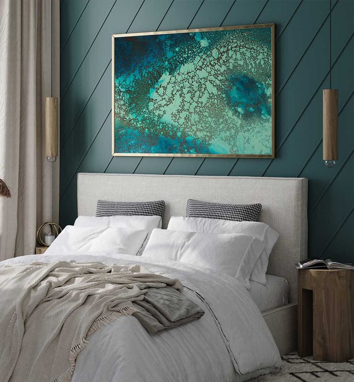 Vibrant INTRICATE RIDDLE , ABSTRACT PAINTINGS enhance modern bedroom decor with captivating elegance and style.