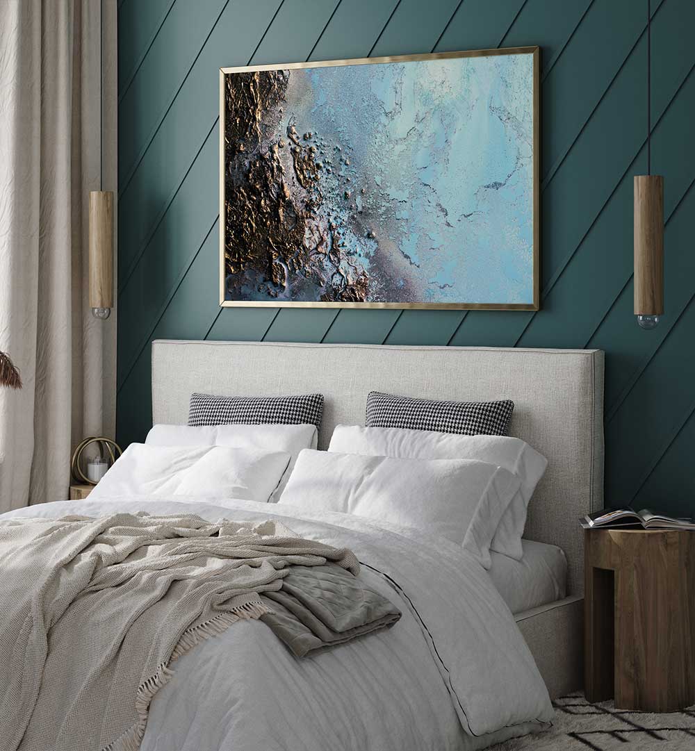 Stylish bedroom featuring the COASTAL - MISTY WATERS, ABSTRACT PAINTINGS, enhancing tranquility and beauty.