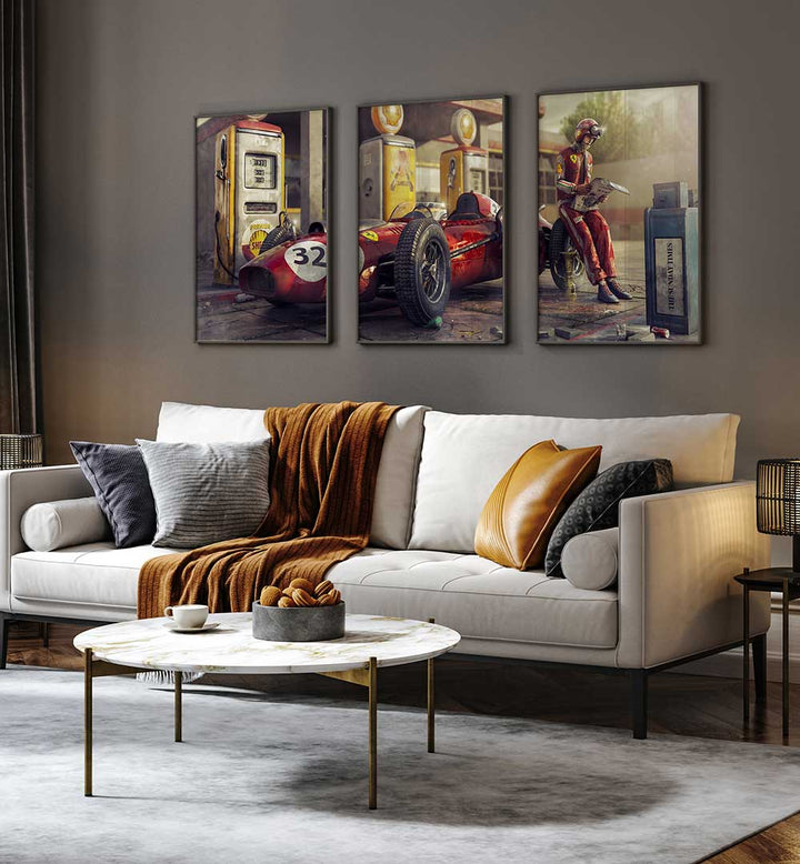 CLASSIC PIT STOP , SET OF 3 PAINTINGS