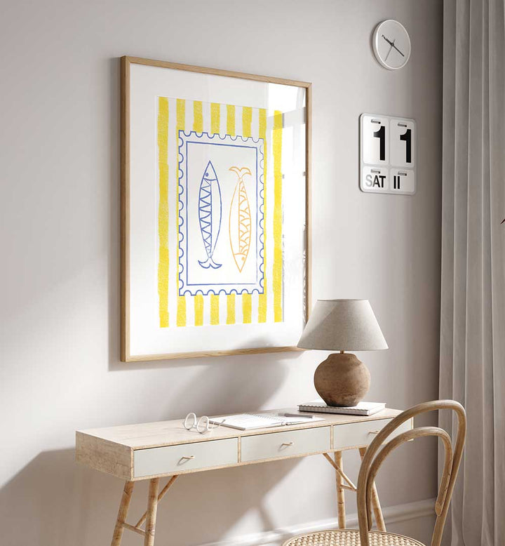 FISH STAMP ON YELLOW STRIPES , KITCHEN POSTERS