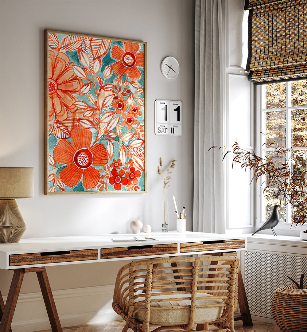 RED DAISIES WITH AQUA , FLORAL FLOWER PAINTINGS