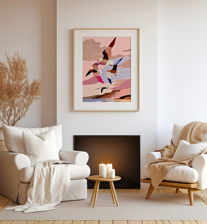 SOARING SILHOUETTE SEAGULLS , WILDLIFE PAINTINGS