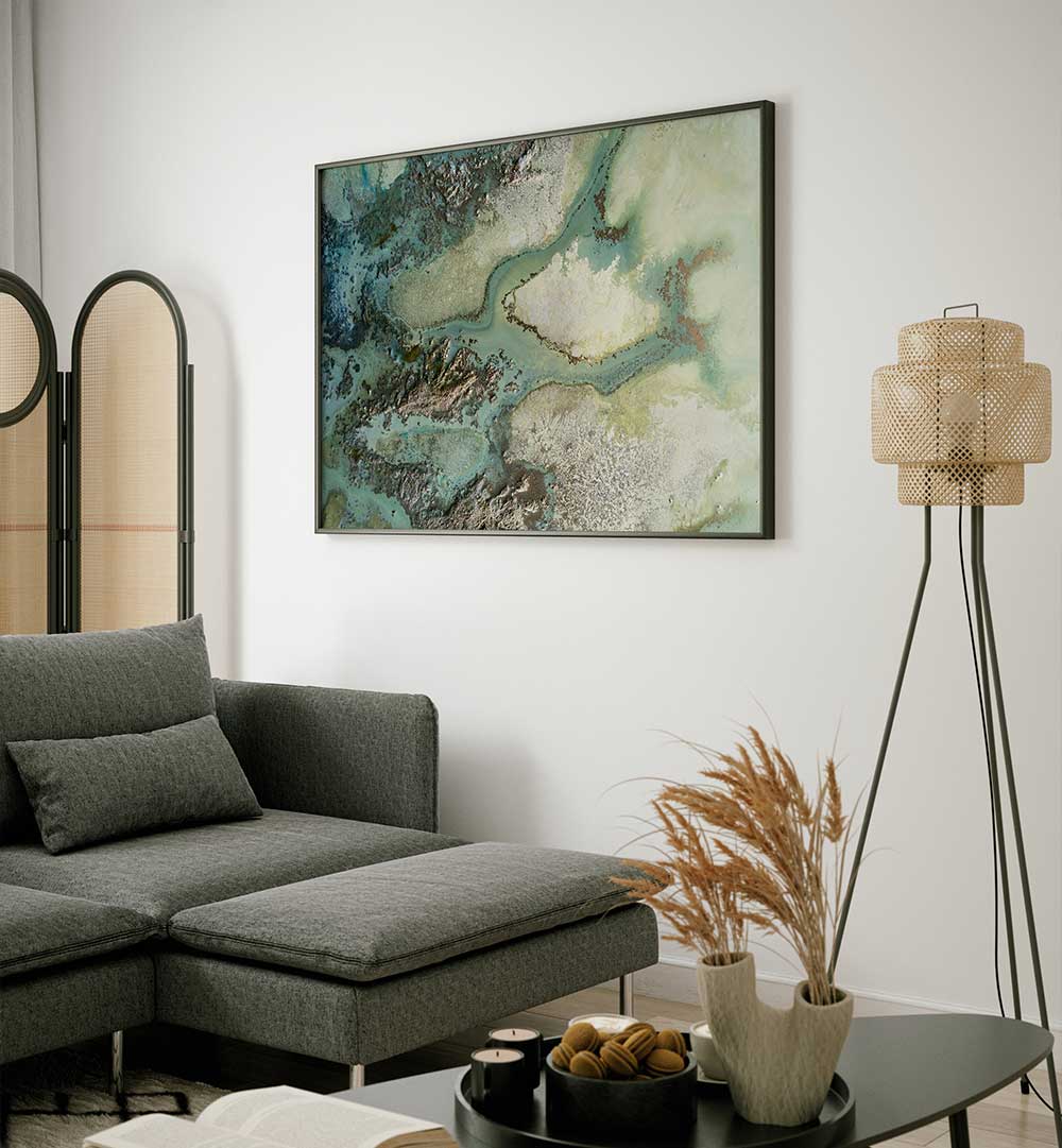 Stunning EVERGREEN Abstract Paintings enhance modern home decor with captivating colors and artistic flair.