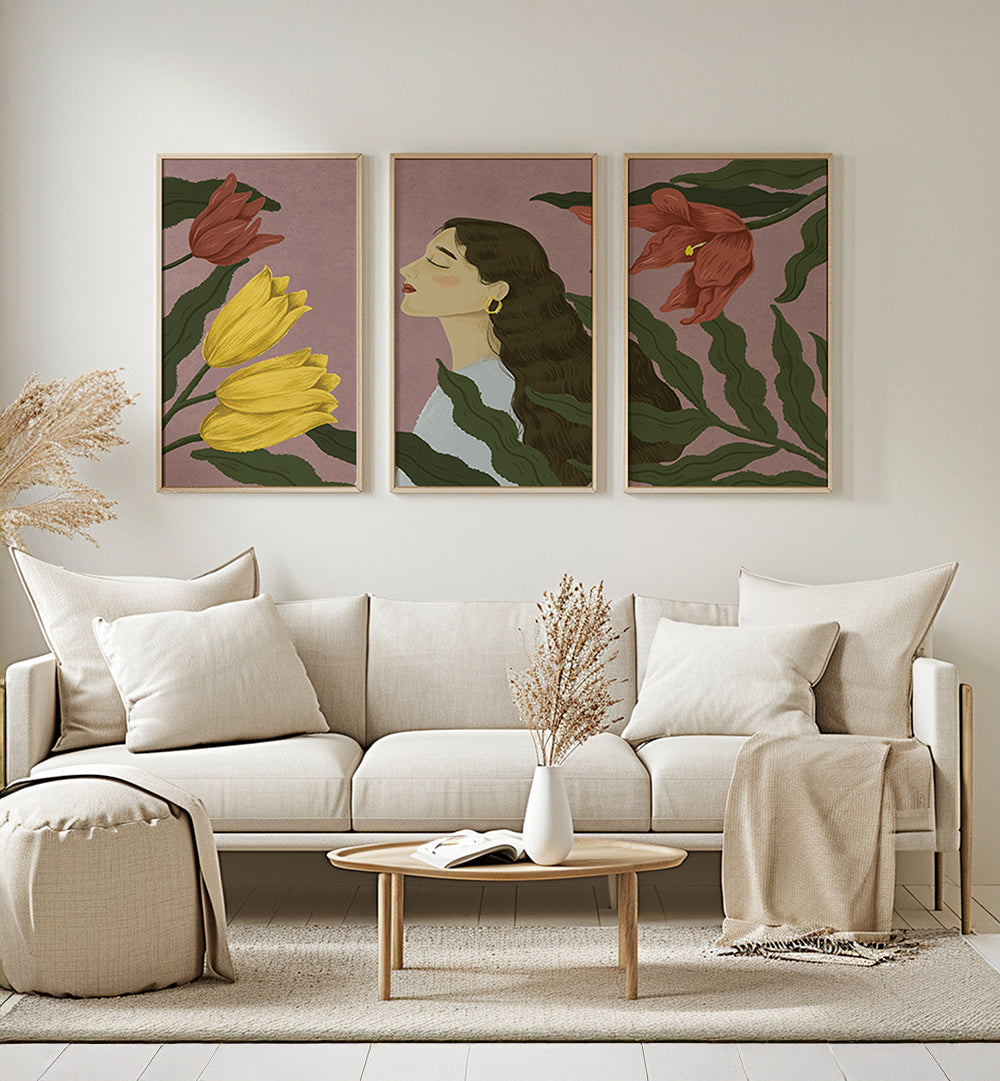 WOMAN SURRONDED BY NATURE , SET OF 3 PAINTINGS
