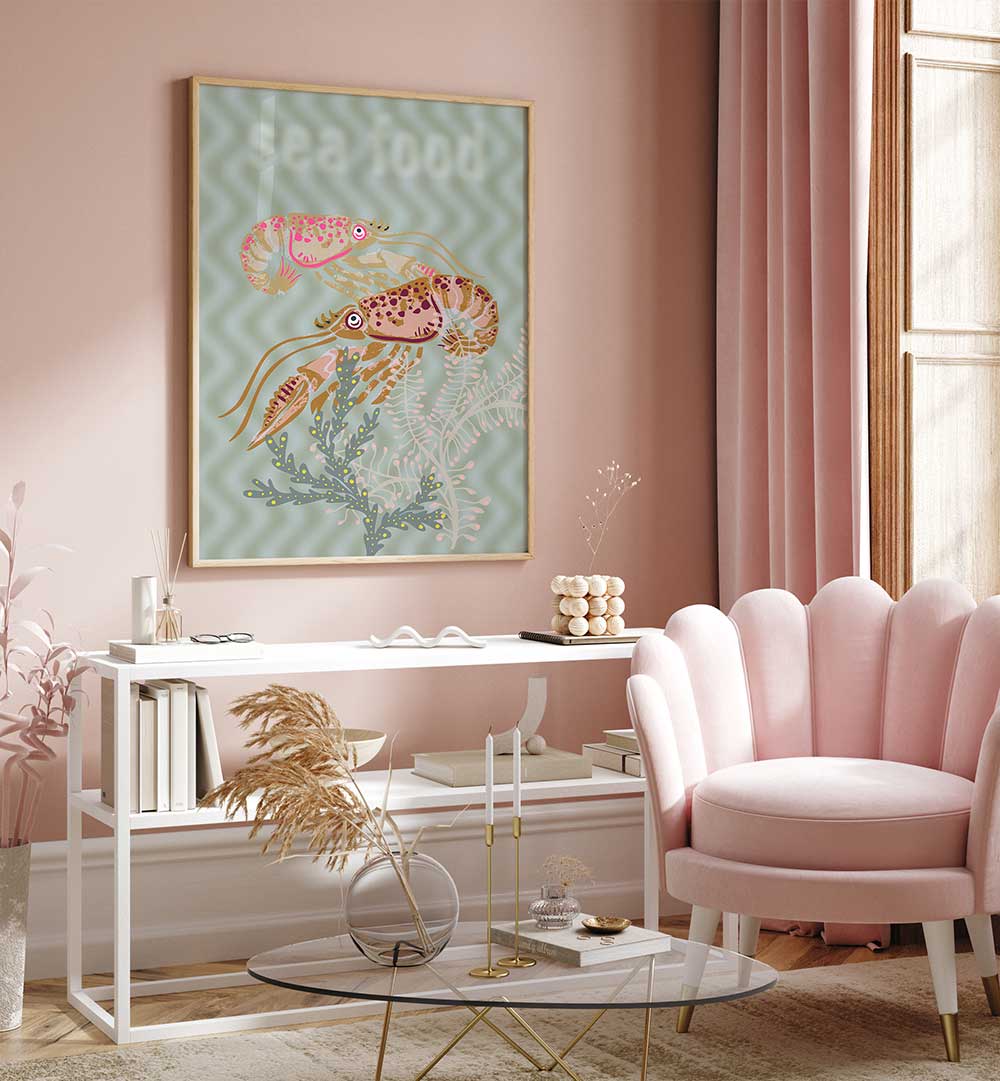 Bright and colorful SEA FOOD V, BEACH PAINTINGS adorn a stylish room, enhancing coastal decor with vibrant sea life.