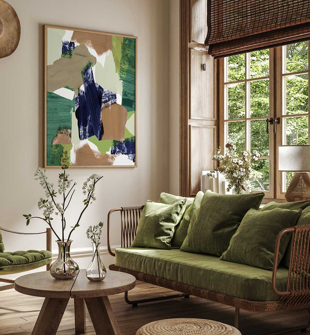Stunning ABSTRACT BLUE GREEN BEIGE II, ABSTRACT PAINTINGS enhances any space with vibrant colors and rich textures.