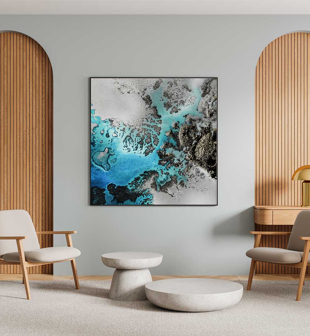 Bright TURQUOISE CORAL VIBES abstract paintings enhance modern decor with vibrant colors and artistic flair.