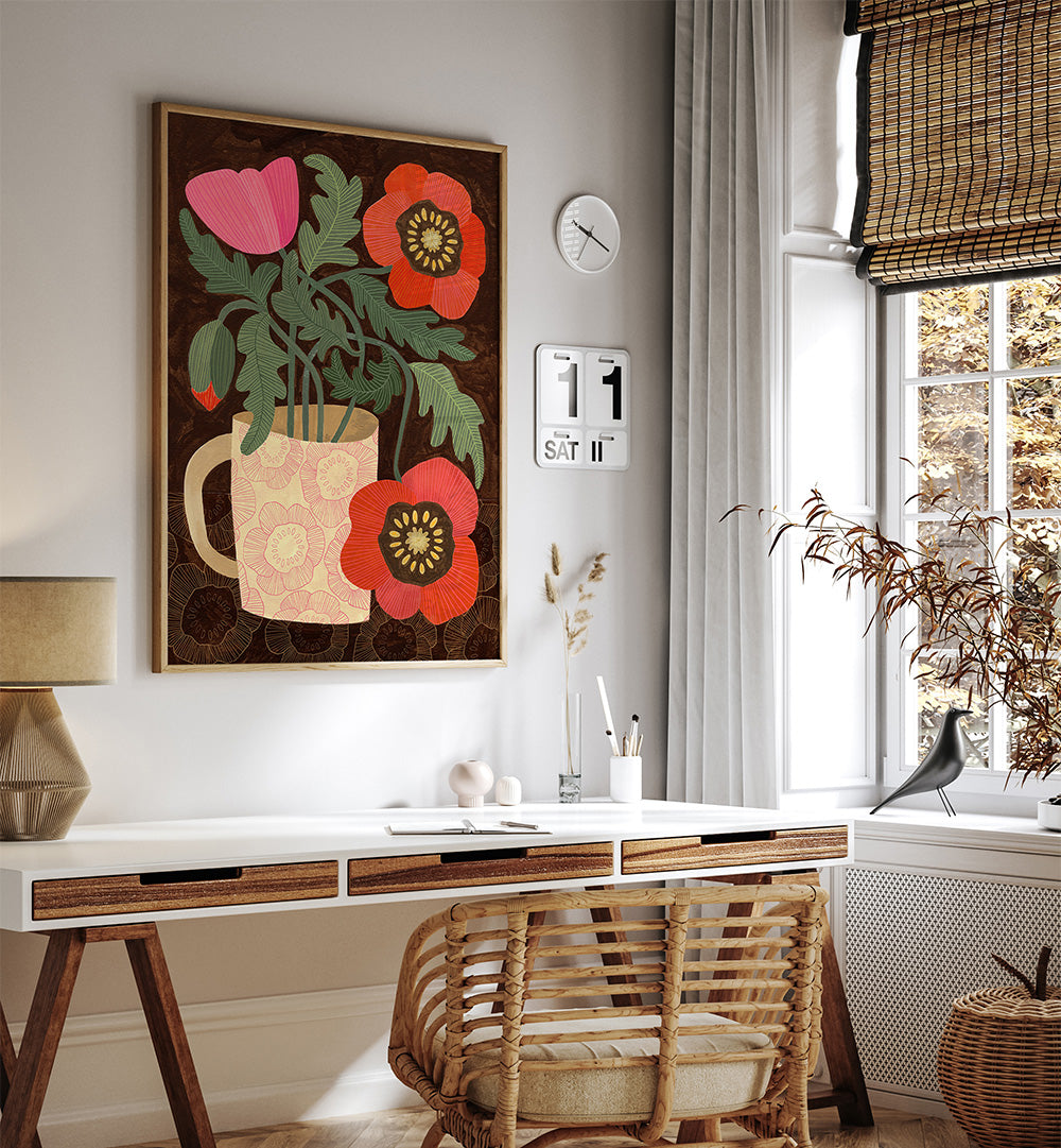 RED POPPIES IN A MUG , FLORAL FLOWER PAINTINGS