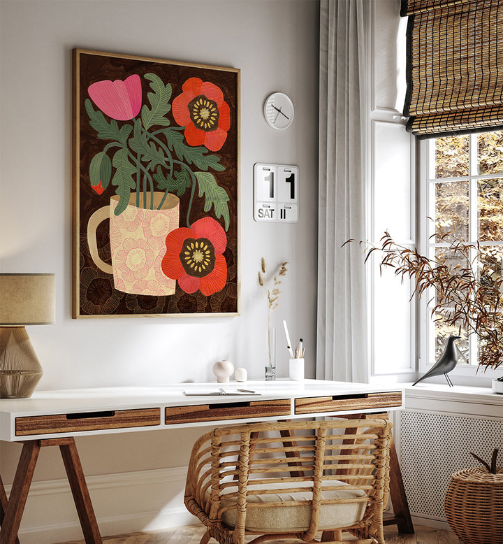 RED POPPIES IN A MUG , FLORAL FLOWER PAINTINGS