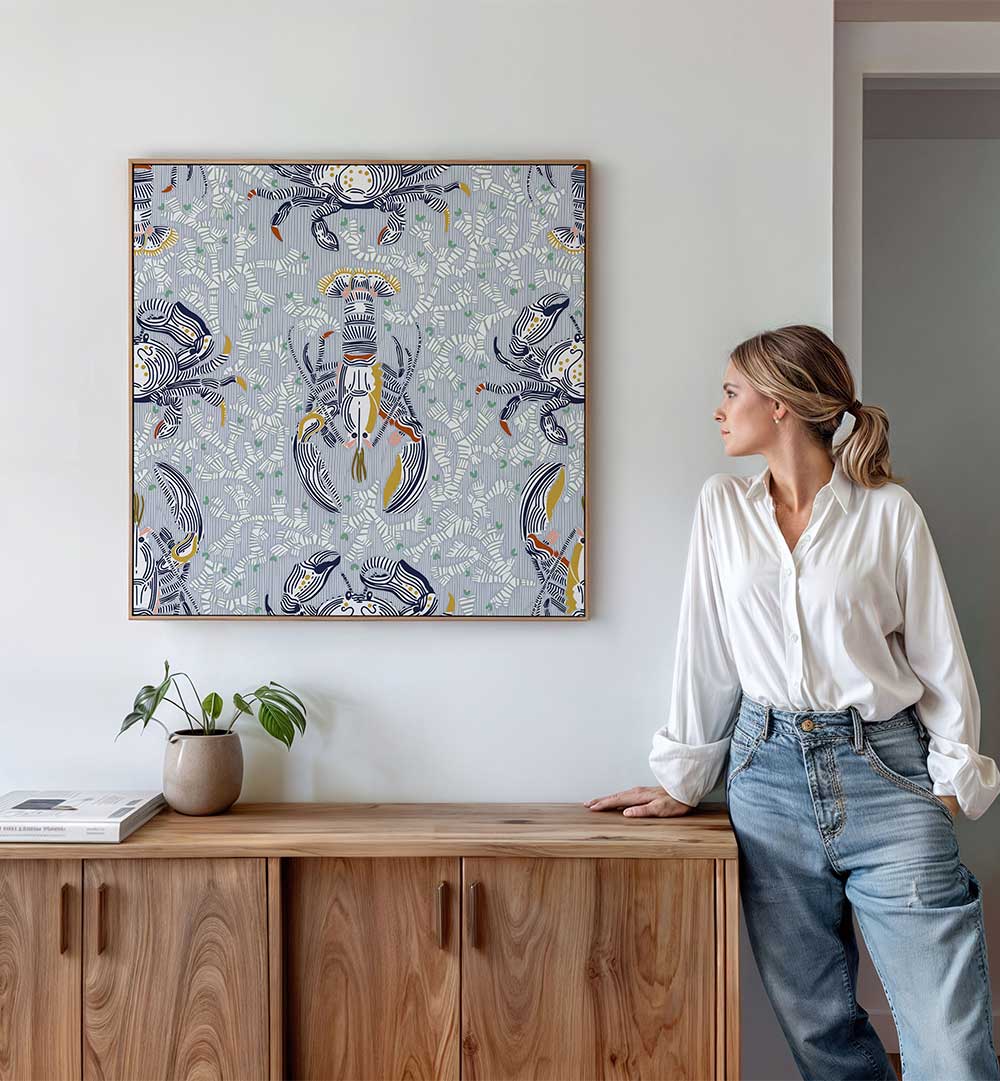 Elegant LOBSTER AND CRAB COASTAL IV beach paintings enhance coastal decor, showcasing vibrant marine life.
