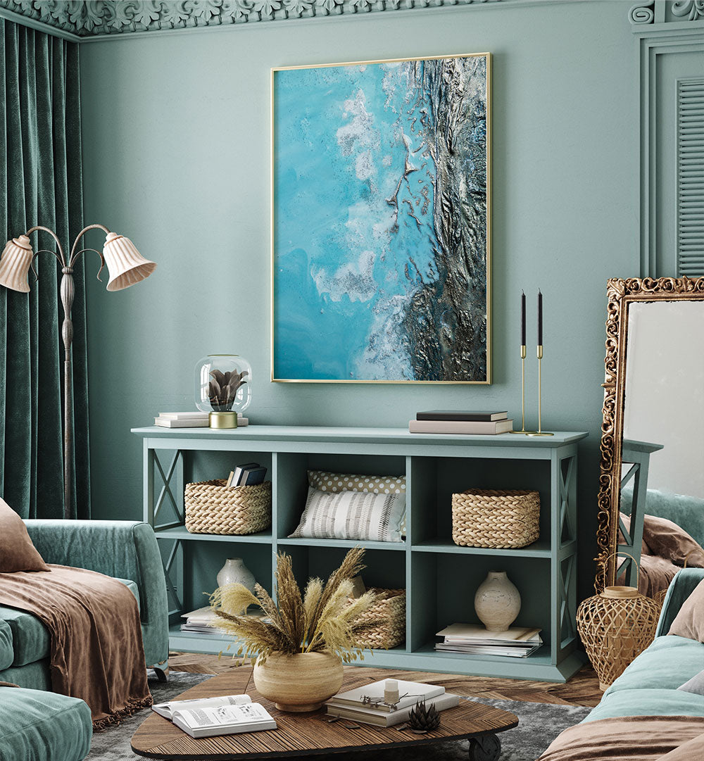 Stunning living room featuring OCEANIC OBSESSION, ABSTRACT PAINTINGS, enhancing the space with vibrant oceanic hues.